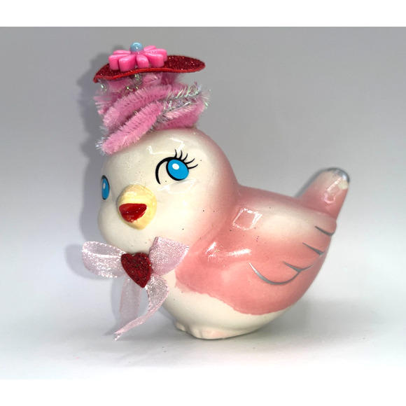 Vintage Pink Ceramic Bird Valentines Day Pink Flower Princess Heart Hat OMG OOAK - Picture 4 of 16